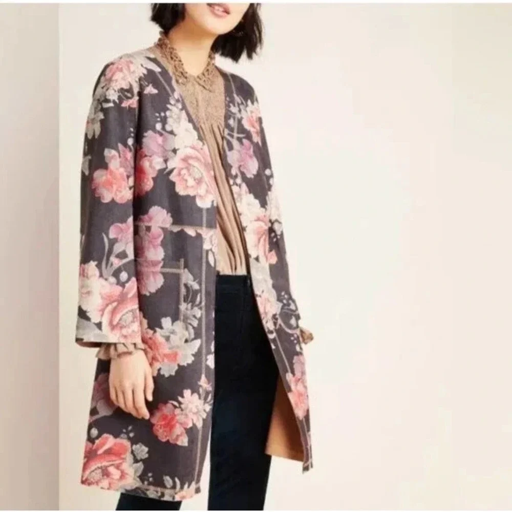 NWOT Anthropologie Solitaire Floral‎ Duster Open Front Cardigan Boho Vegan Suede